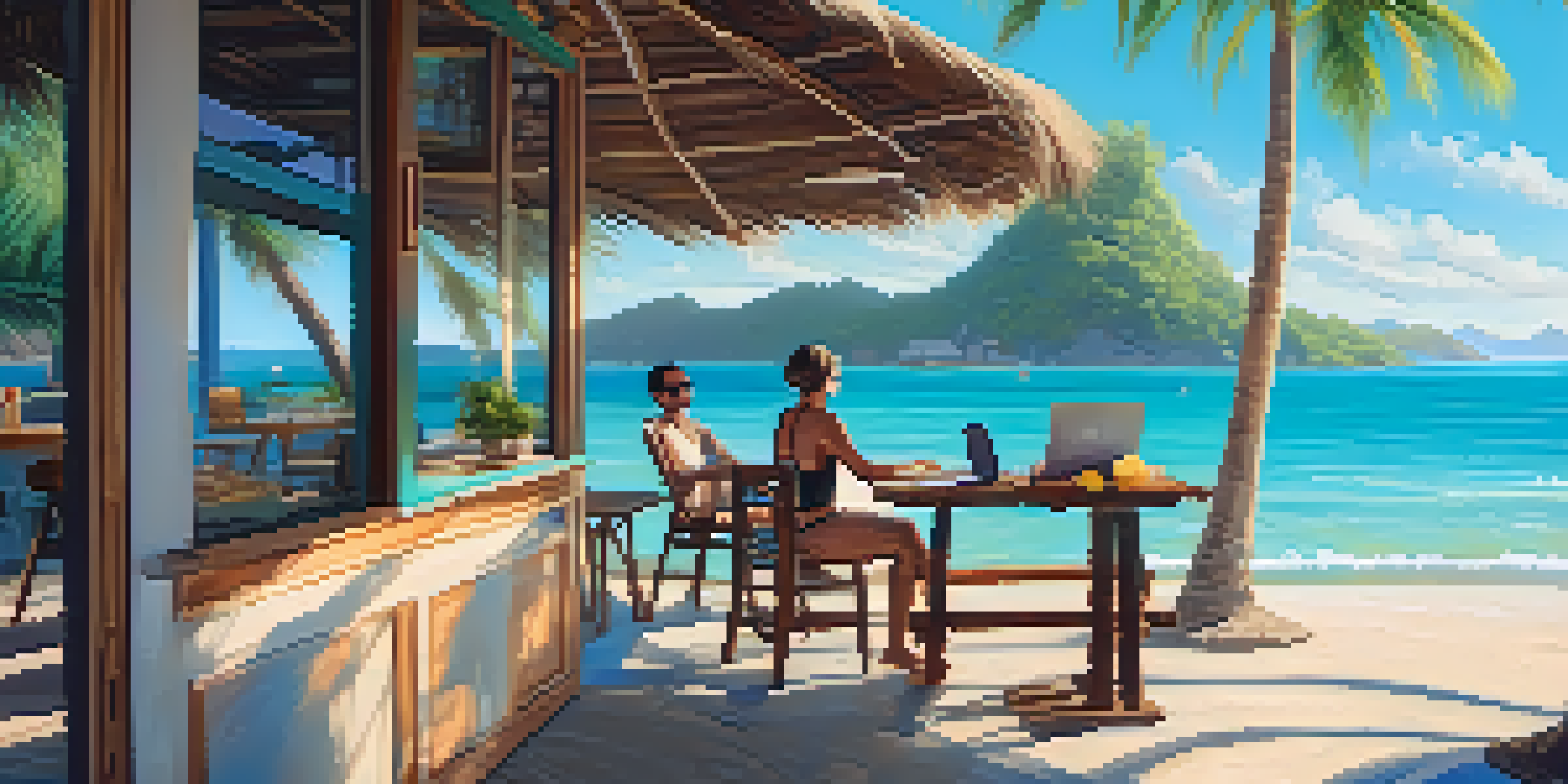 A digital nomad working on a laptop at a beachside café with palm trees and turquoise waters in the background.