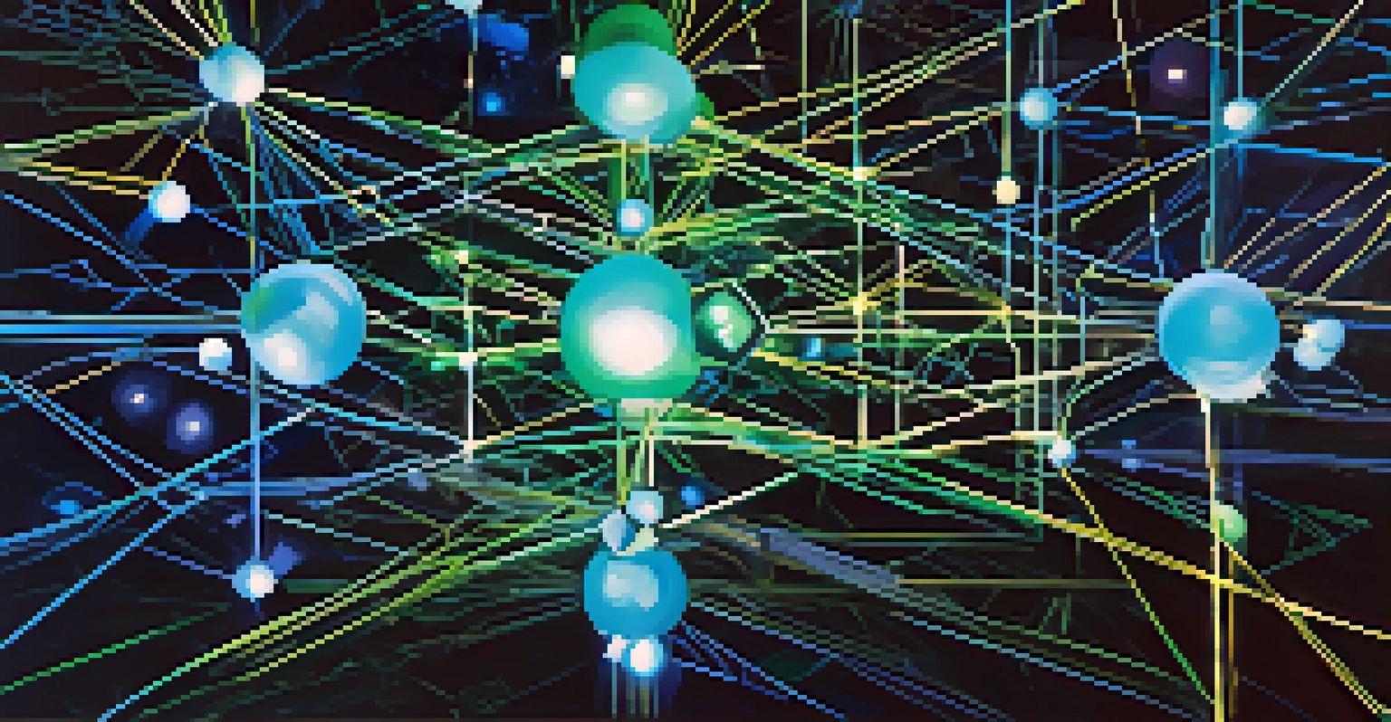 An abstract digital network representing decentralized finance with glowing nodes and chains in blue and green hues.