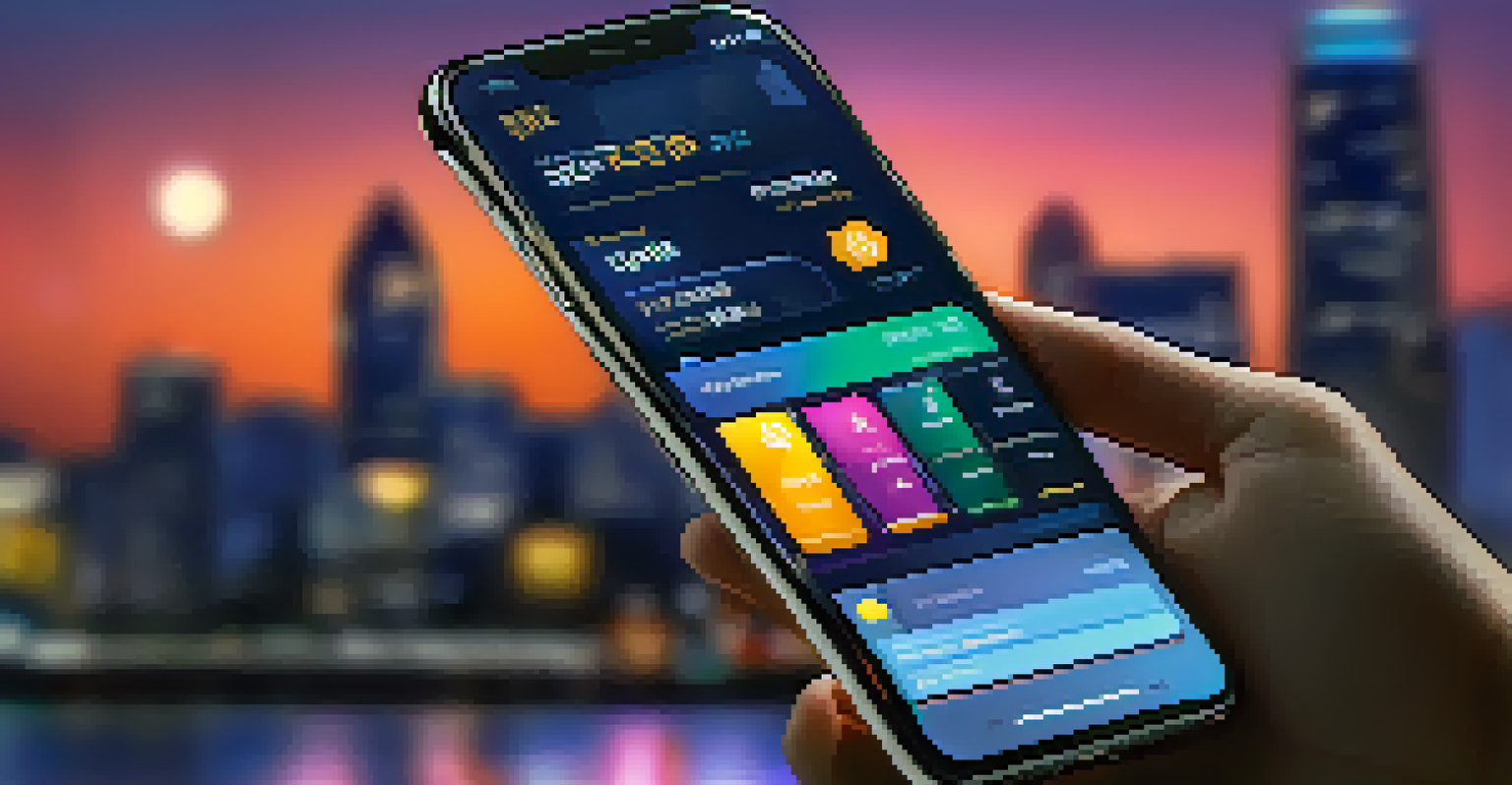 A close-up of a Bitcoin wallet interface on a smartphone with a blurred cityscape background at night.