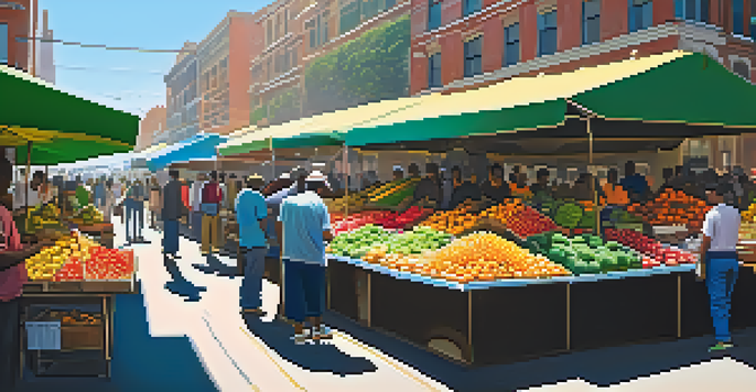 A vibrant market with local vendors, showcasing a vendor using a smartphone to accept Bitcoin payments amidst colorful goods.