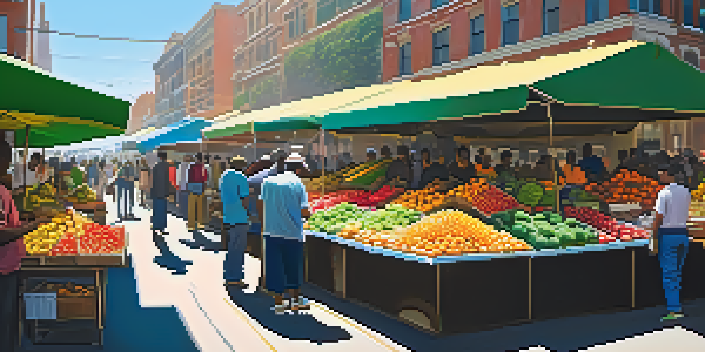 A vibrant market with local vendors, showcasing a vendor using a smartphone to accept Bitcoin payments amidst colorful goods.