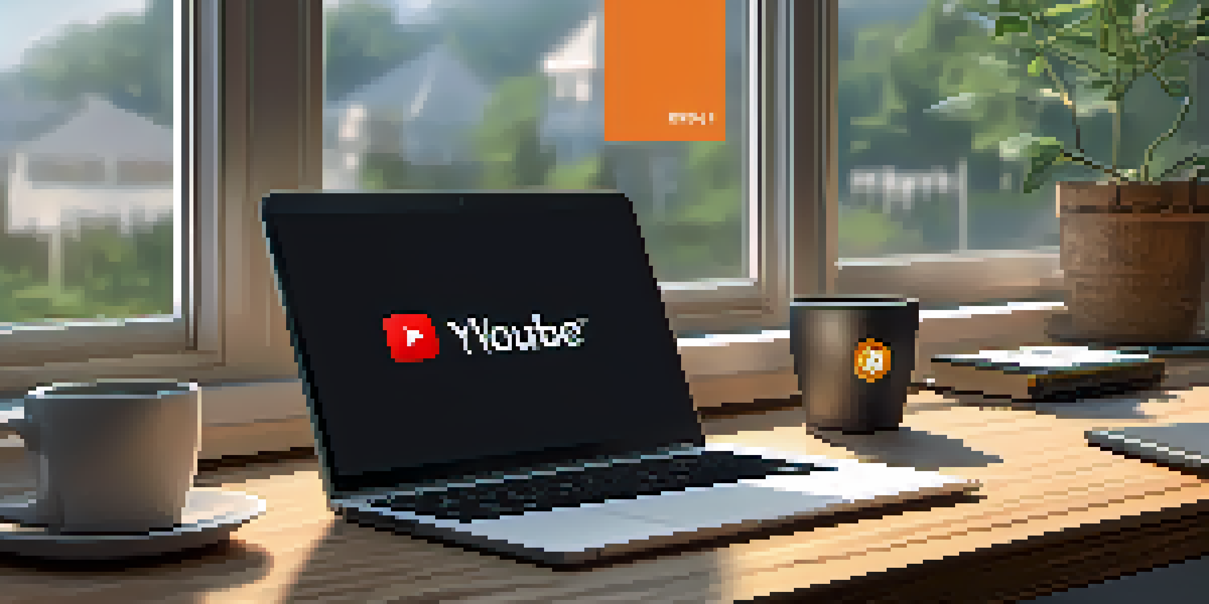 A modern workspace with a laptop showing a YouTube video about Bitcoin, notebooks, and a coffee cup on a wooden desk illuminated by natural light.
