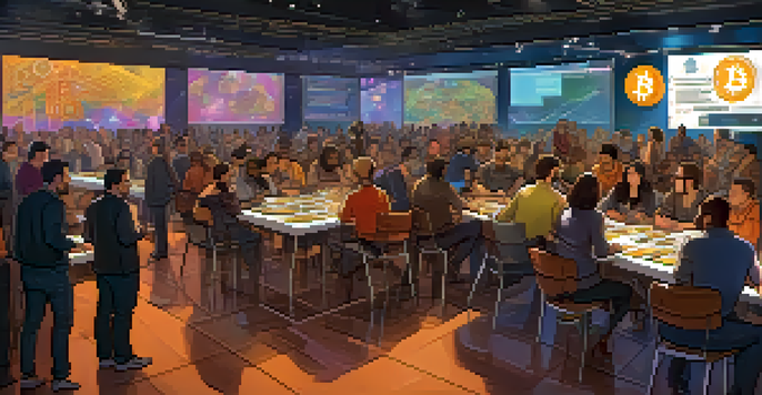 A diverse group of people engaged in discussions about Bitcoin at a community gathering, with laptops, notes, and digital screens in a warm and colorful environment.