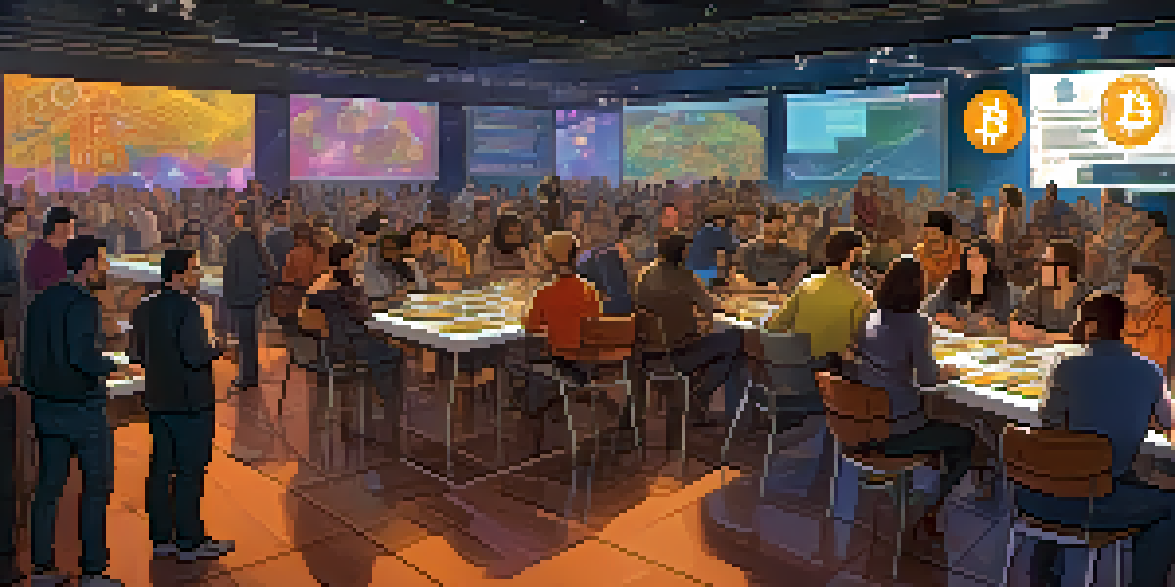 A diverse group of people engaged in discussions about Bitcoin at a community gathering, with laptops, notes, and digital screens in a warm and colorful environment.