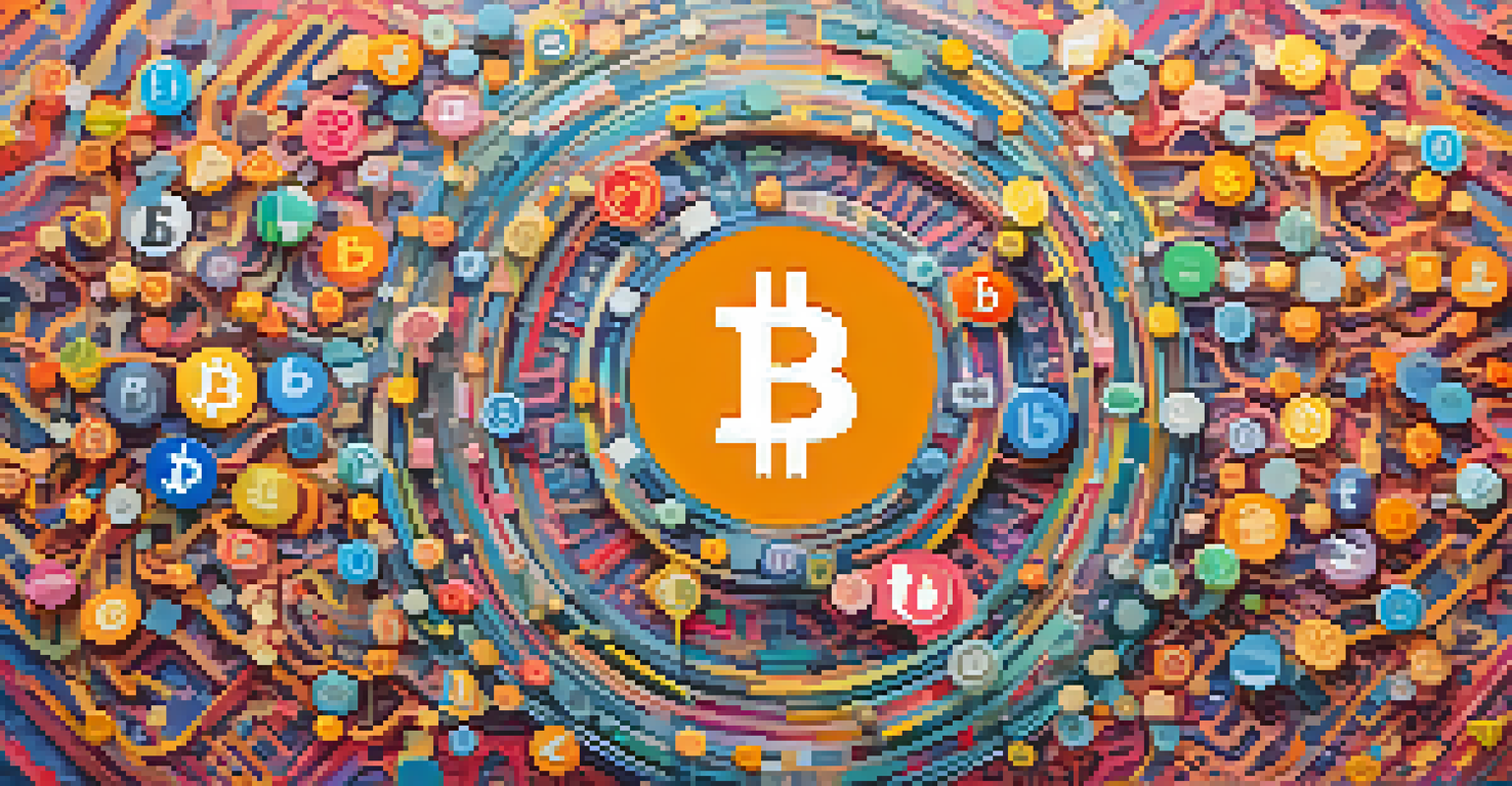 A vibrant image with social media icons around the Bitcoin logo, illustrating the influence of social media.