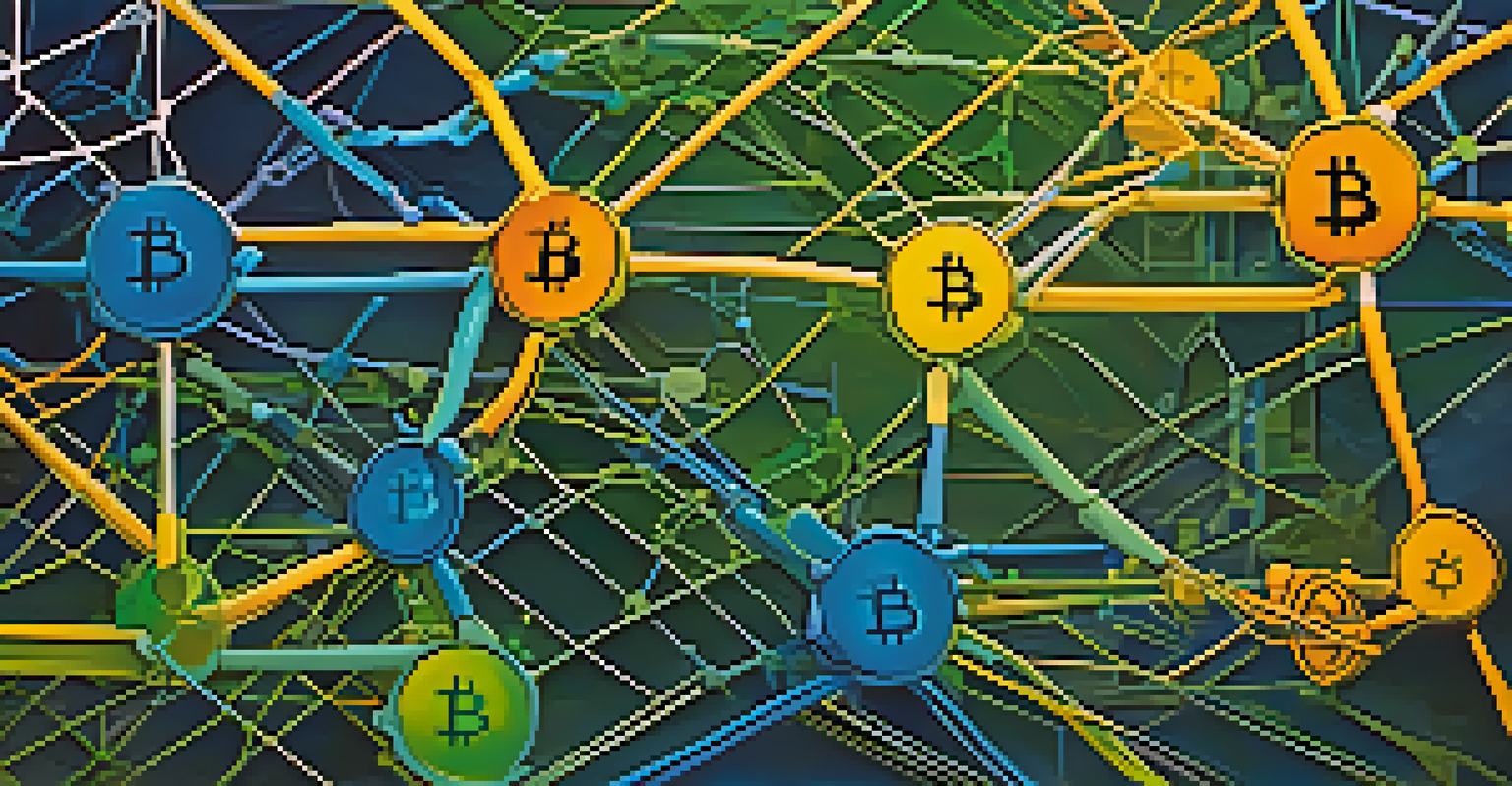 An abstract illustration of interconnected blockchains with a prominent Bitcoin symbol, showcasing the concept of cross-chain transactions.