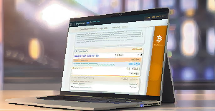 A close-up of a laptop screen showing a digital Bitcoin wallet interface with encryption features highlighted, featuring a lock icon and soft ambient lighting.