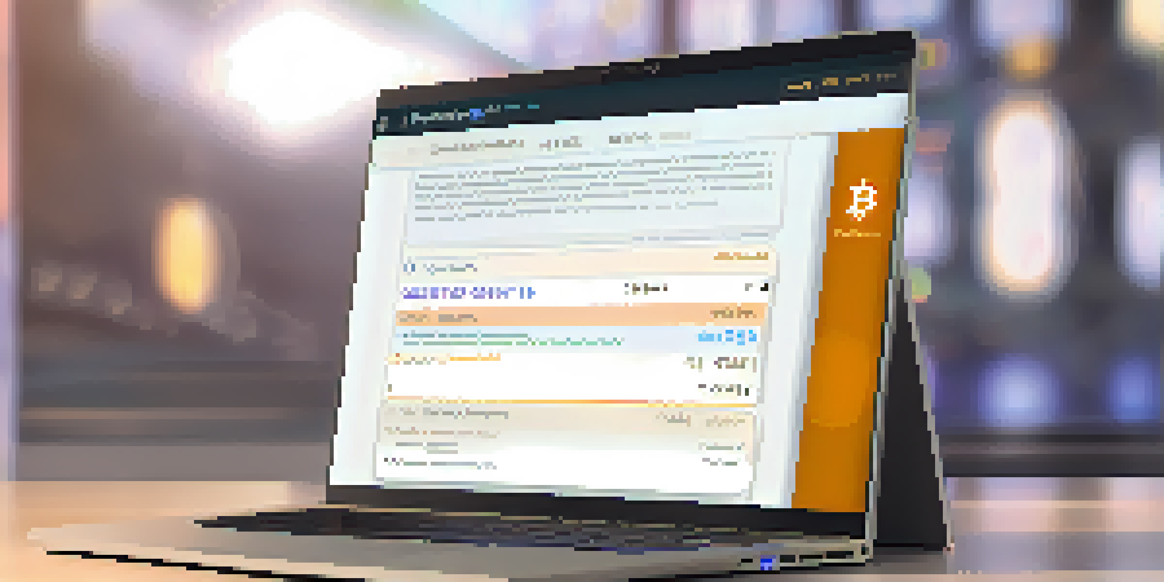 A close-up of a laptop screen showing a digital Bitcoin wallet interface with encryption features highlighted, featuring a lock icon and soft ambient lighting.