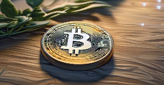 A close-up view of a Bitcoin coin on a wooden table with soft lighting, showcasing its intricate details.