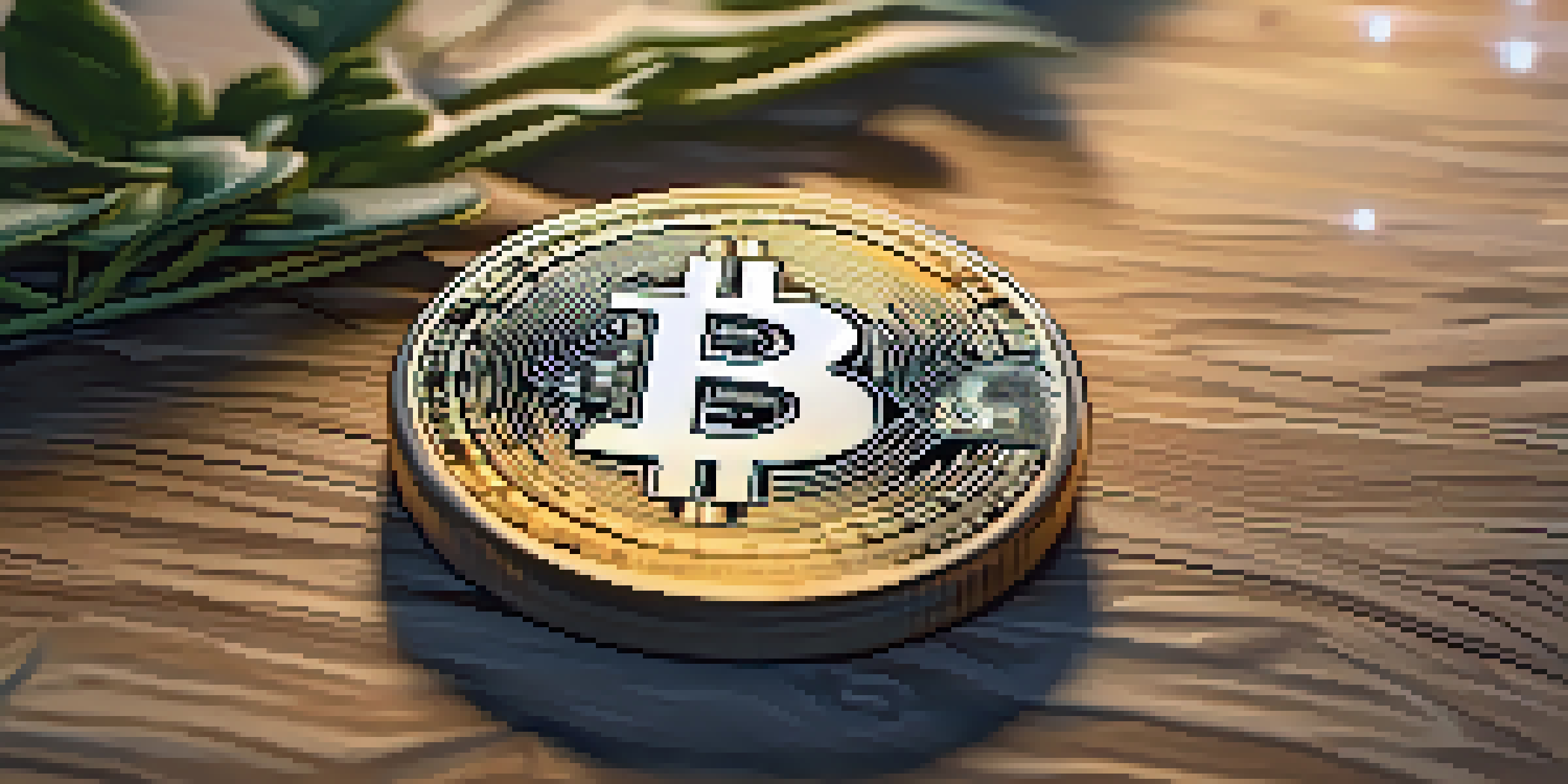 A close-up view of a Bitcoin coin on a wooden table with soft lighting, showcasing its intricate details.