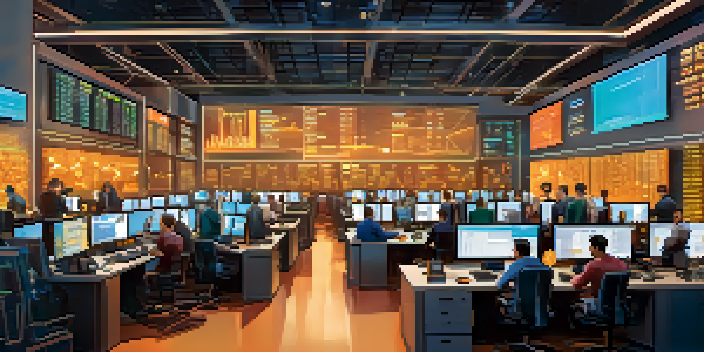 A busy cryptocurrency trading floor with traders looking at screens displaying Bitcoin charts and symbols.