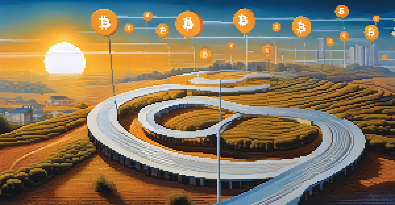 An abstract image showing a winding road of Bitcoin symbols through different landscapes, with graphs and articles in the sky.