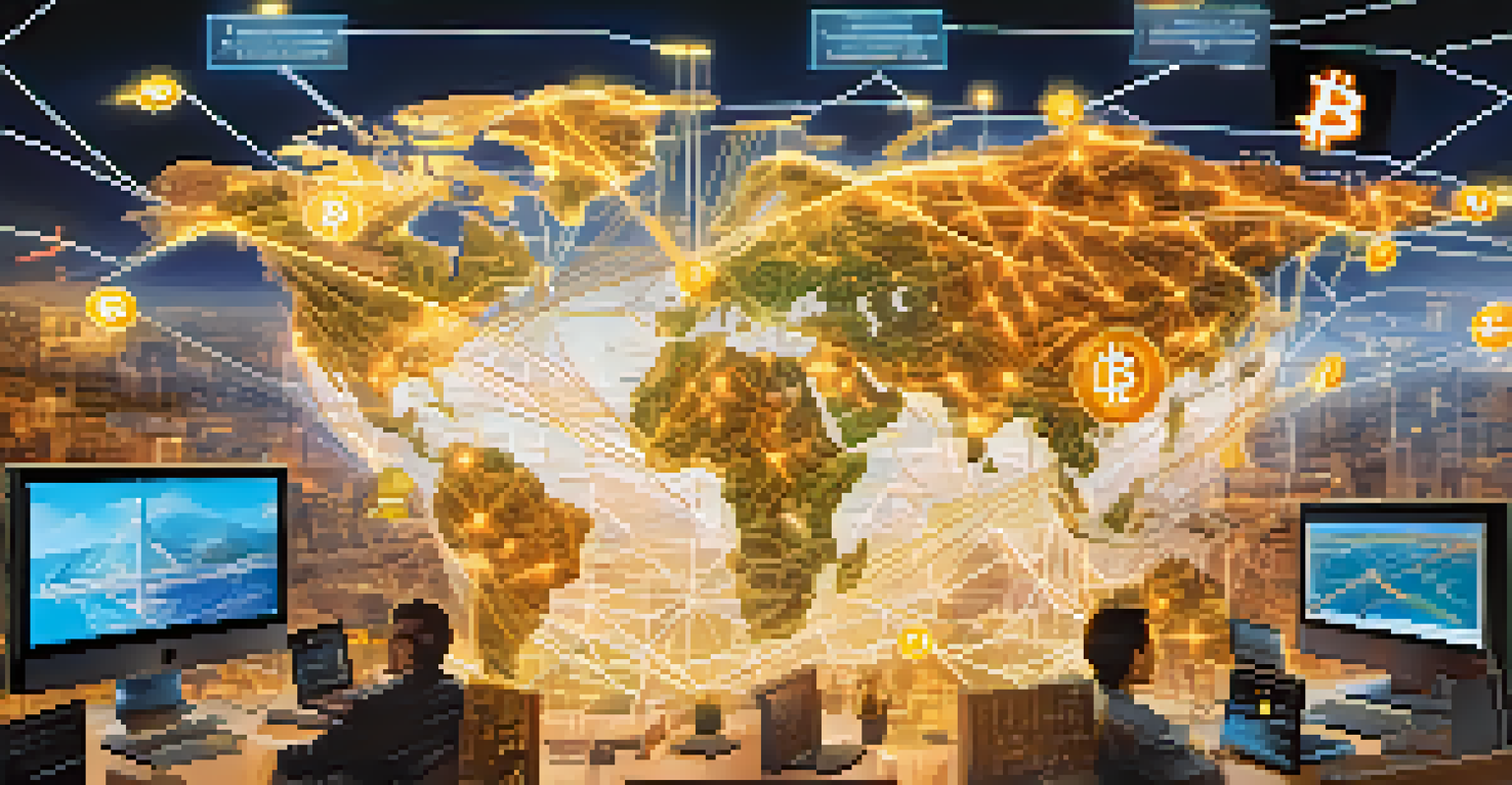 A world map showing the global impact of Bitcoin on cross-border transactions, with glowing Bitcoin symbols and illustrations of small businesses engaged in e-commerce.