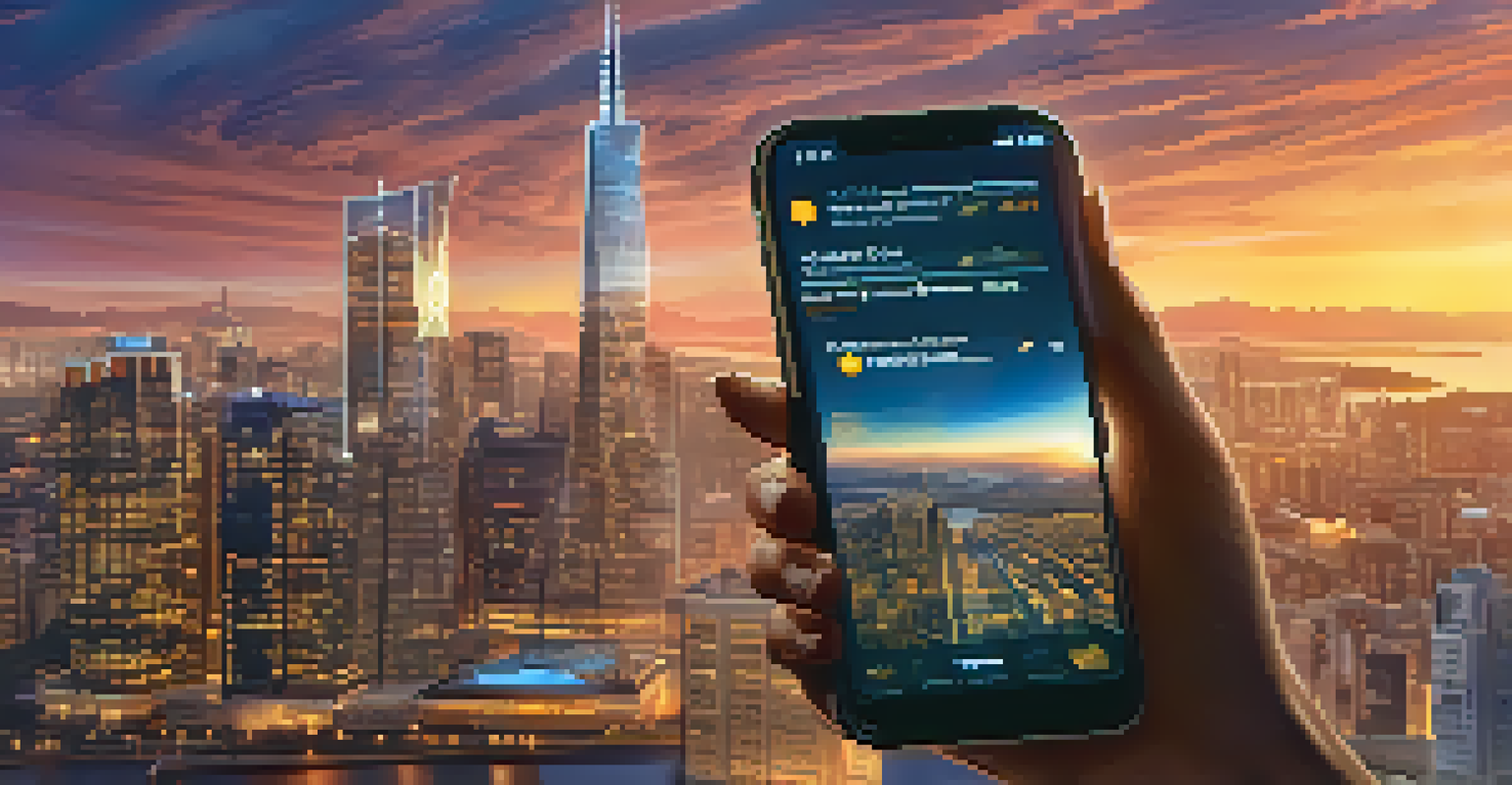 A close-up of a smartphone displaying a Bitcoin wallet, with a city skyline in the background during sunset.