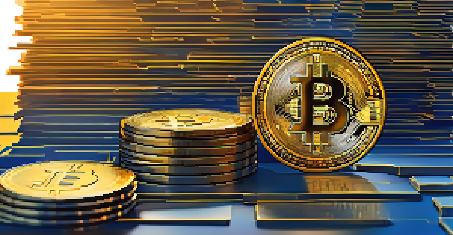An abstract representation of Bitcoin as a treasury asset with a golden Bitcoin symbol and stacks of coins.