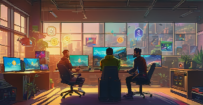 A lively indie game development studio with diverse developers working together on laptops, surrounded by colorful game posters and cryptocurrency symbols.
