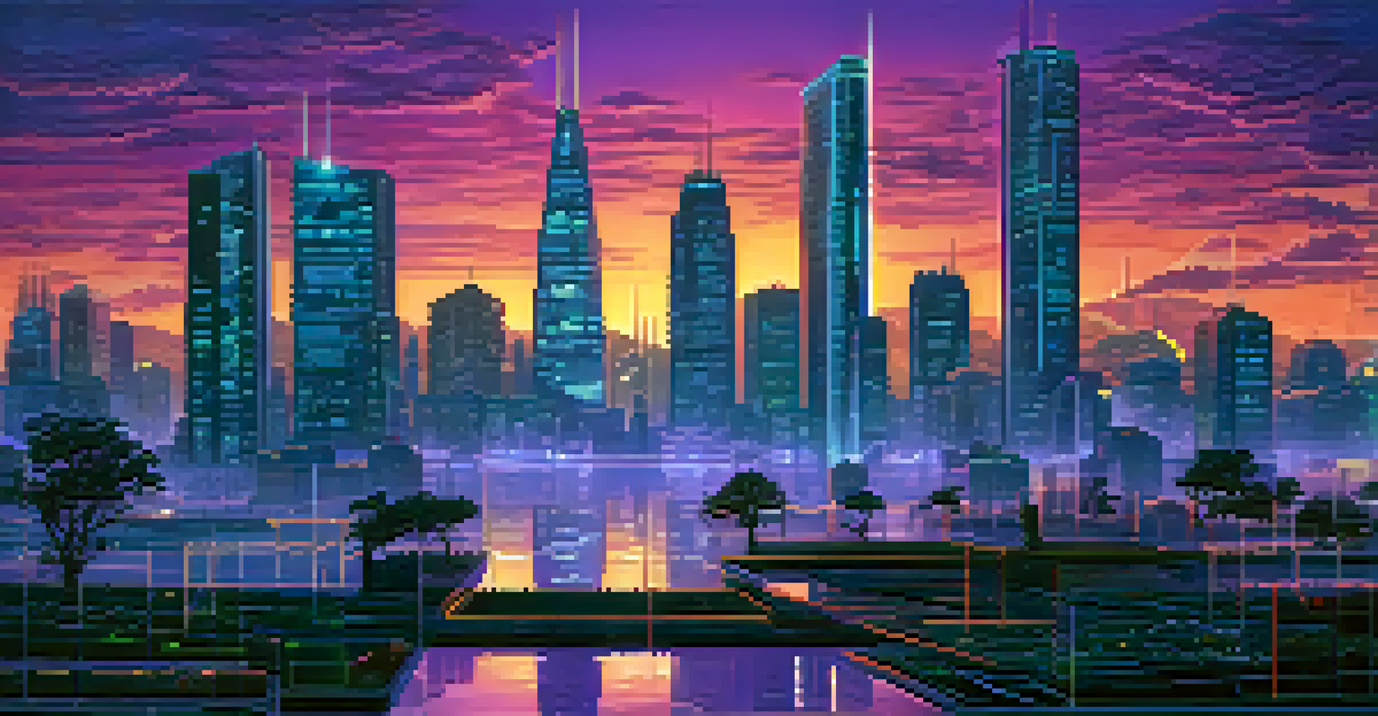 A city skyline at dusk with digital screens showing Bitcoin prices, illuminated by neon lights.
