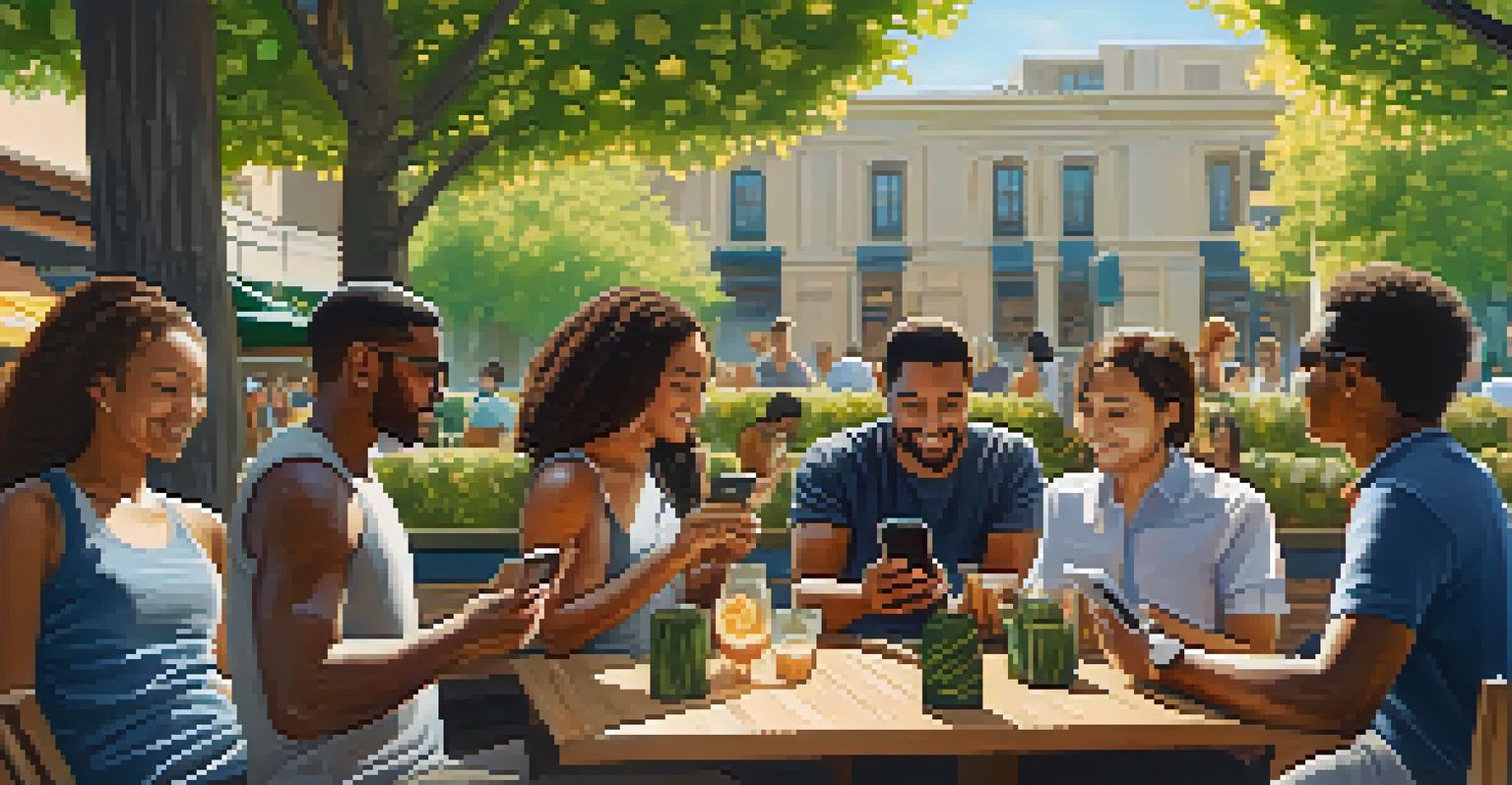 A group of diverse individuals using smartphones for Bitcoin transactions in a sunny outdoor café, symbolizing financial inclusion.