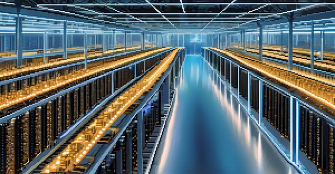 A modern Bitcoin mining facility with rows of ASIC miners and blue LED lights.