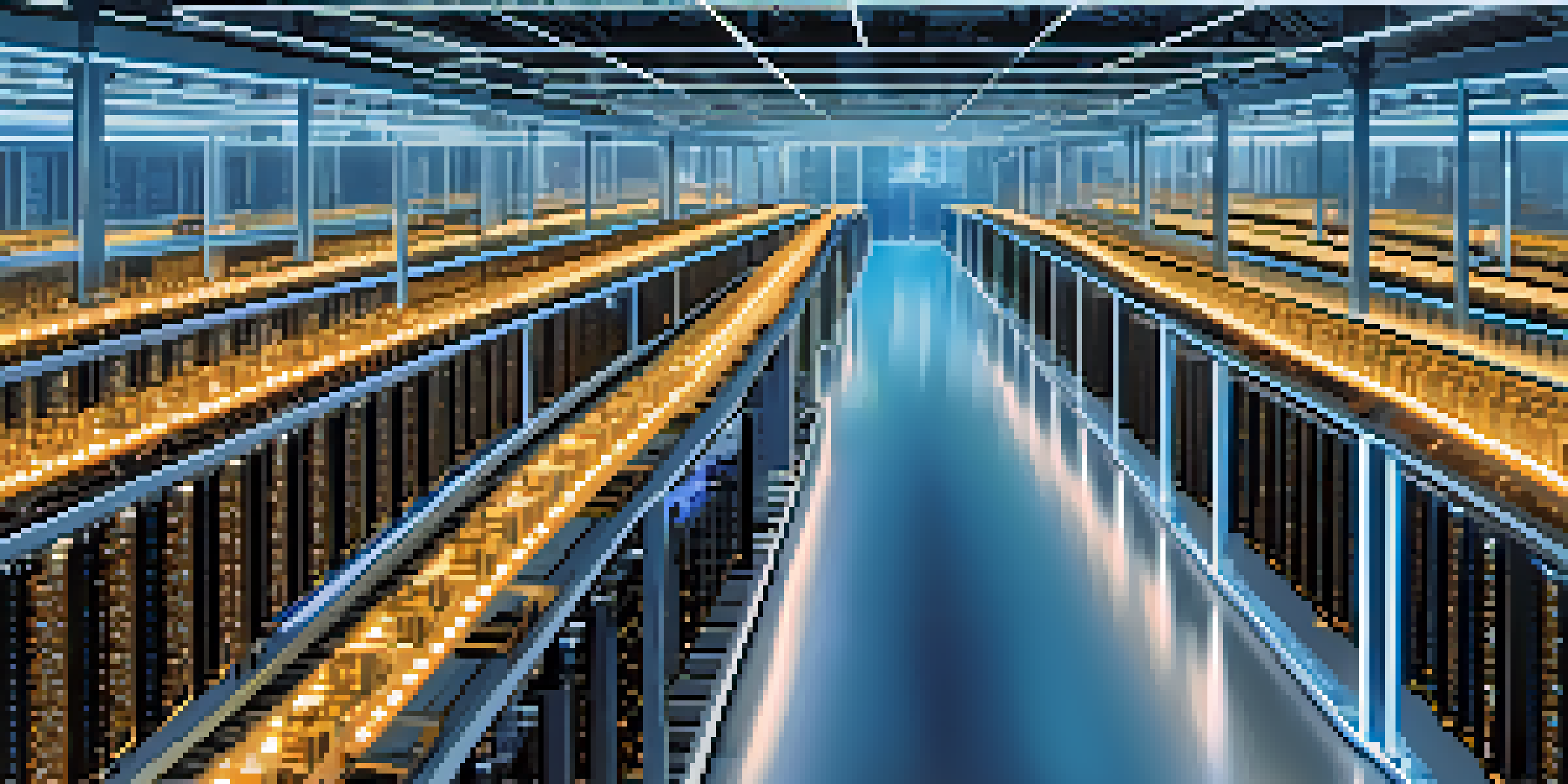A modern Bitcoin mining facility with rows of ASIC miners and blue LED lights.