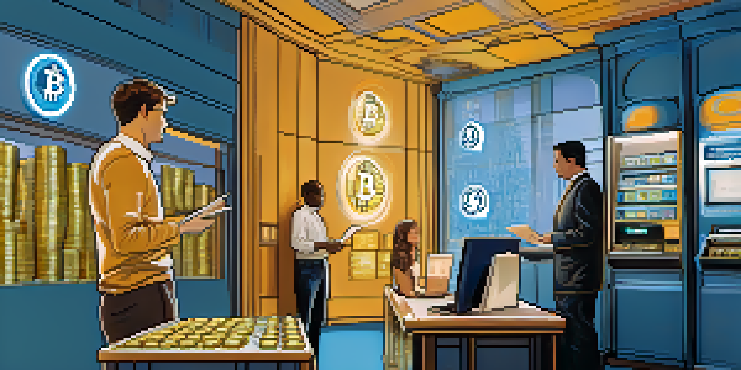 A split-screen image showing Bitcoin on the left with a digital wallet and a traditional bank office on the right, illustrating the contrast between cryptocurrency and traditional banking.
