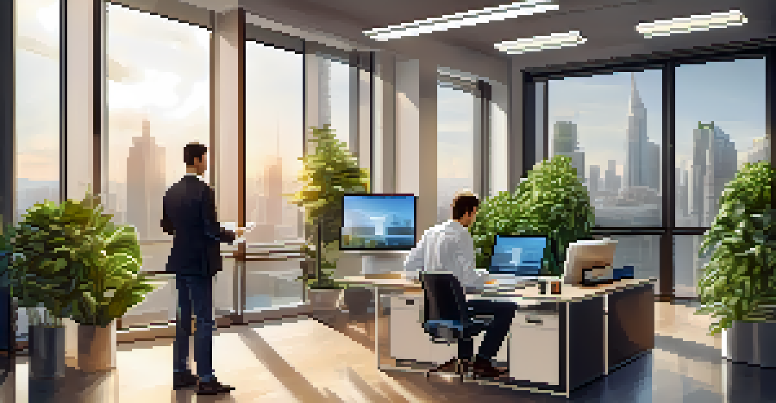 A businessperson in a modern office using a laptop to conduct a Bitcoin transaction, with natural light and a city view.