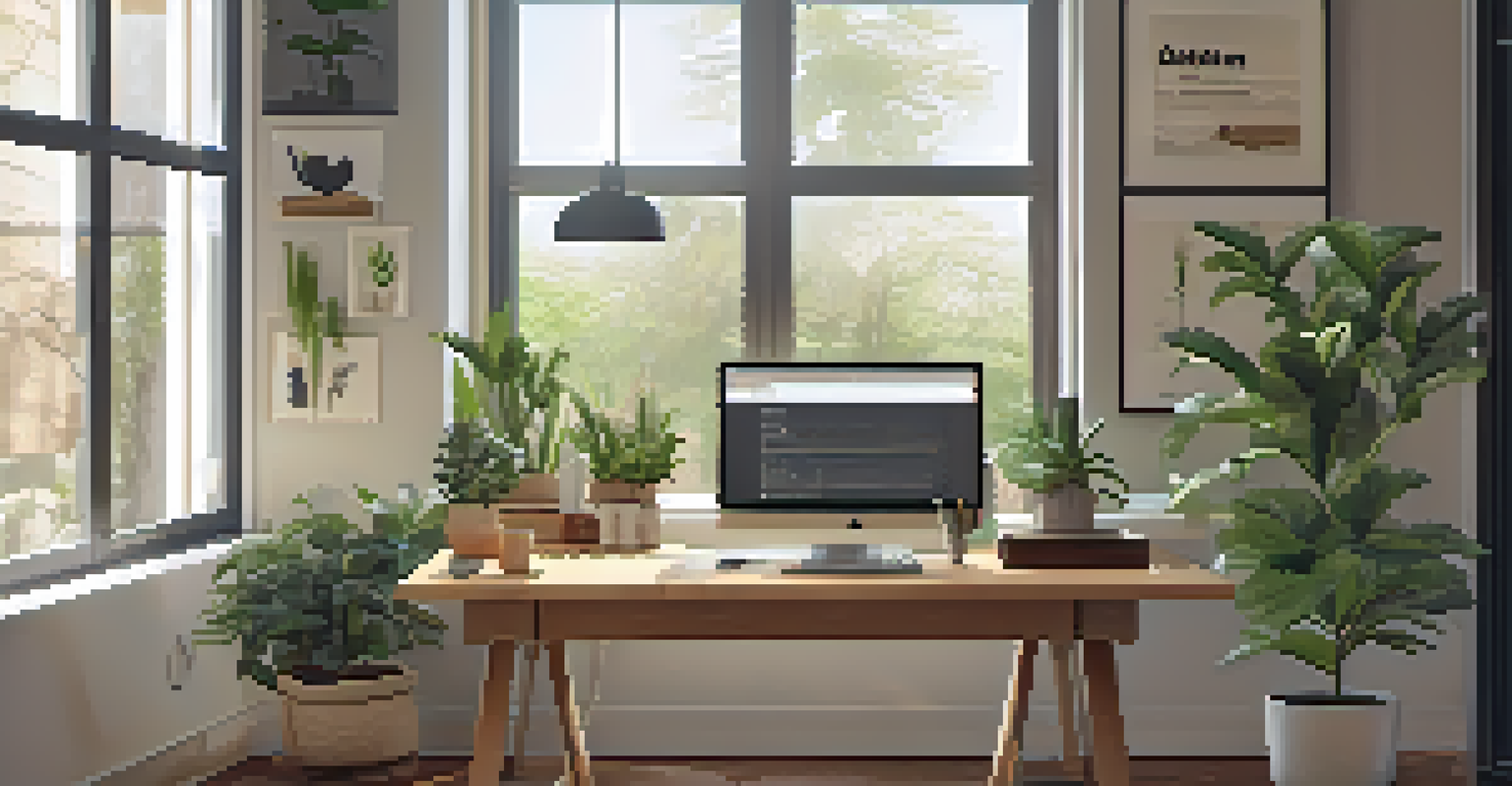 A cozy home office with a laptop showing a DeFi platform, surrounded by plants and natural light.