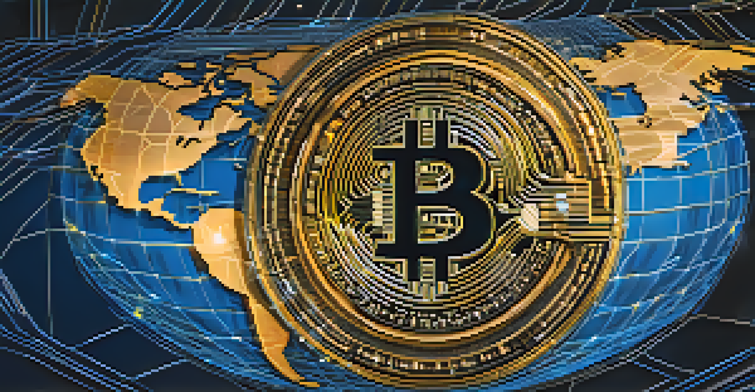 An artistic representation of the Bitcoin logo intertwined with a globe, symbolizing global transactions, with a digital world map in the background.