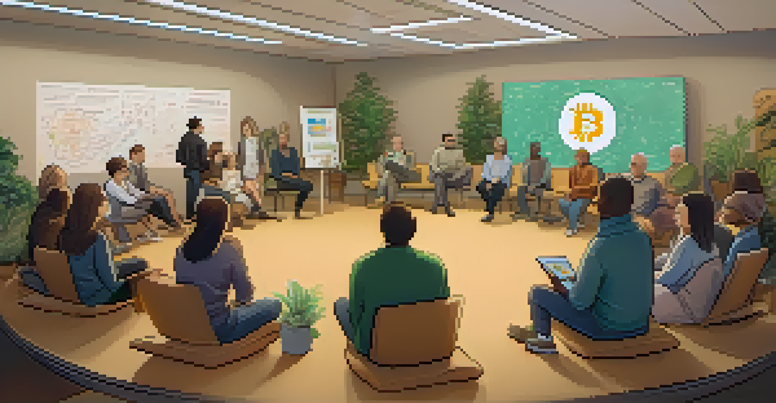A diverse group of community members engaged in a discussion about Bitcoin governance in a warm and inviting community center.