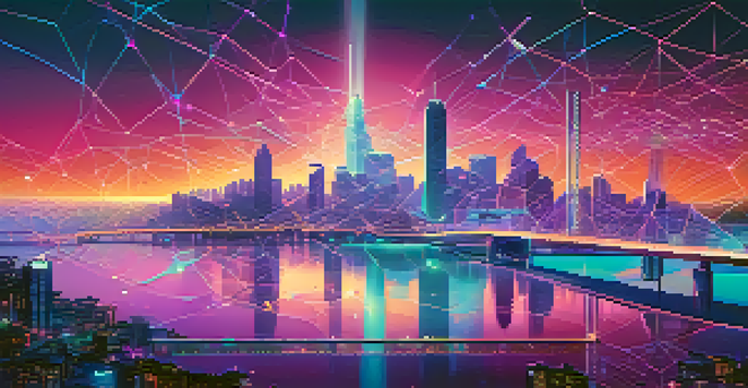 A colorful futuristic cityscape with islands representing different blockchain networks connected by glowing bridges.