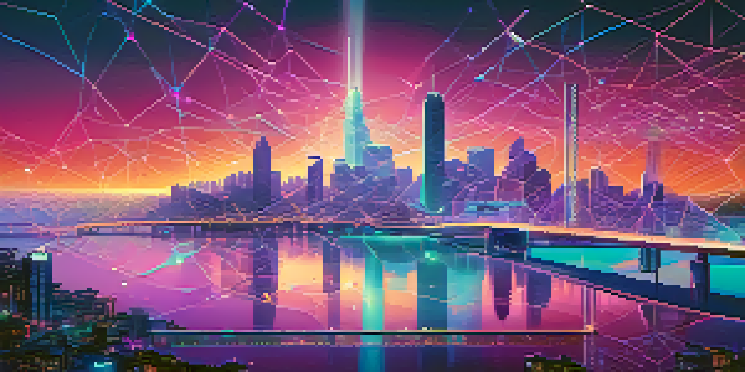 A colorful futuristic cityscape with islands representing different blockchain networks connected by glowing bridges.