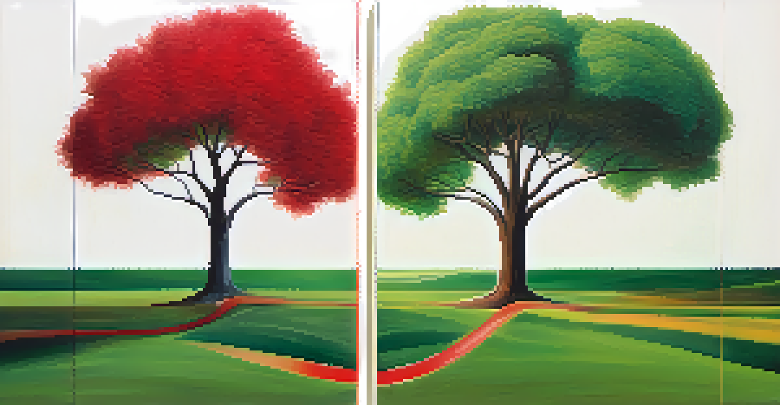 An abstract split image showing a clock representing short-term gains and a growing tree representing long-term investments, with a color gradient from red to green.