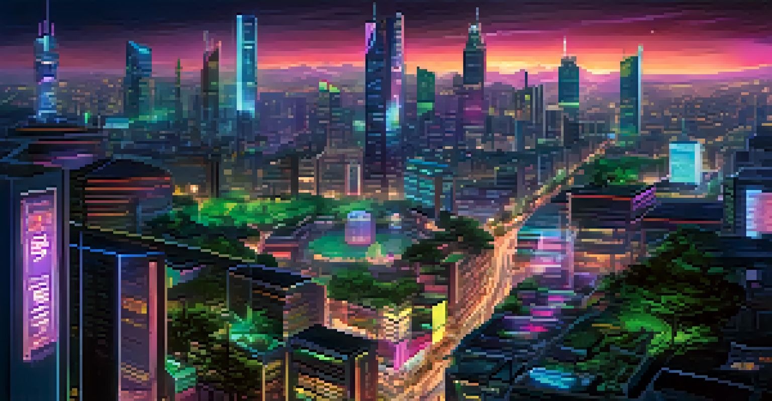 A vibrant city skyline at night with neon lights and cryptocurrency visuals.