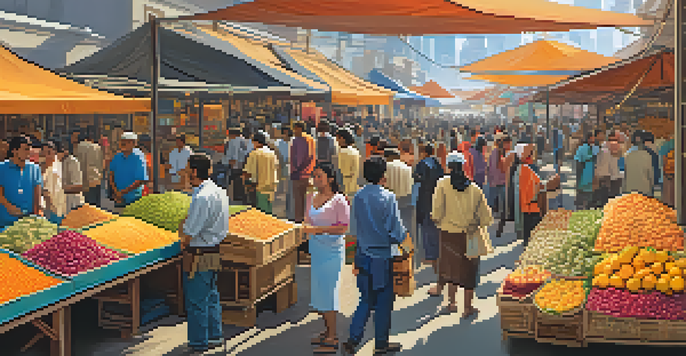 A lively marketplace with vendors and customers exchanging goods, showcasing the integration of Bitcoin in trade.