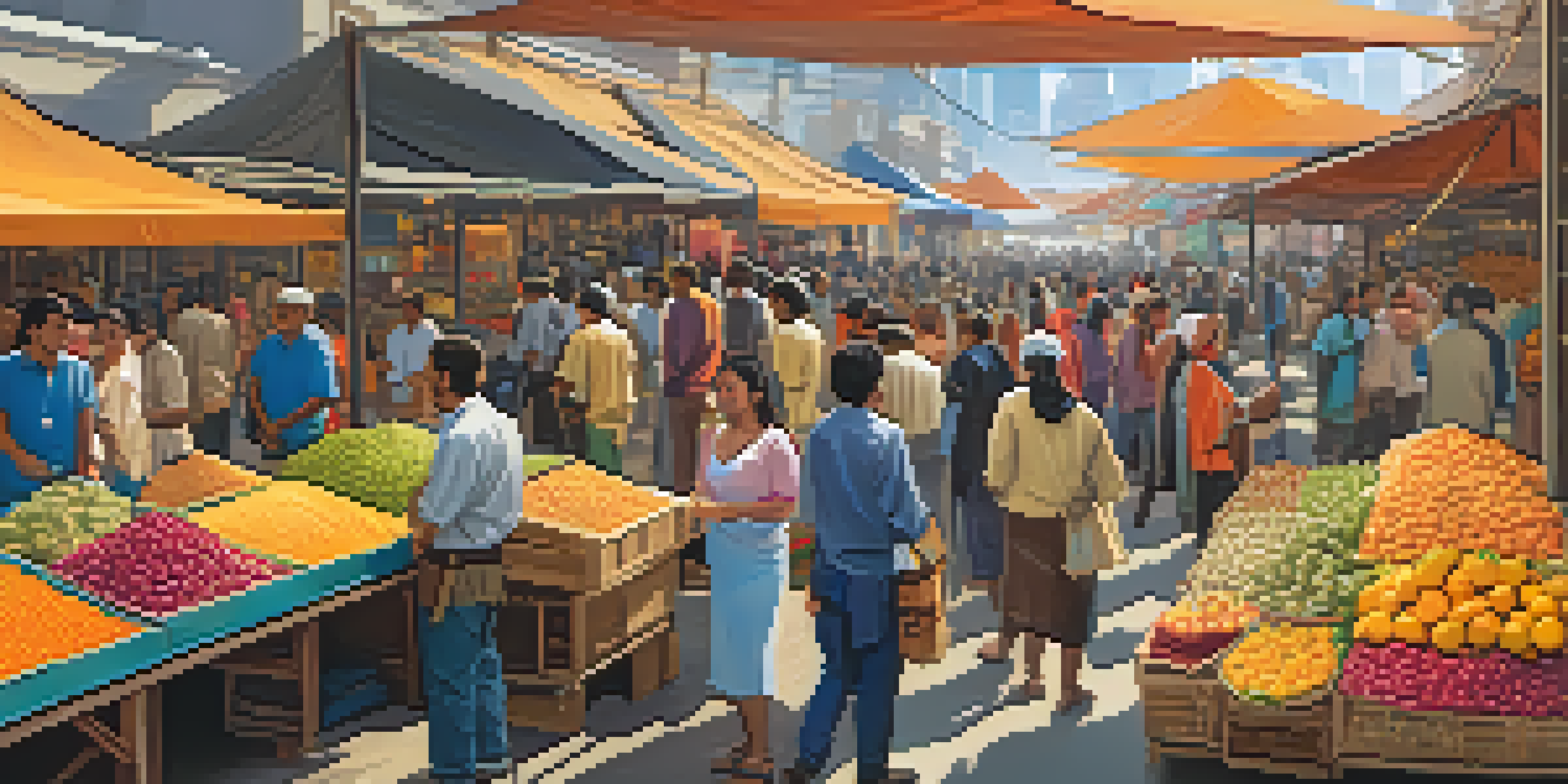 A lively marketplace with vendors and customers exchanging goods, showcasing the integration of Bitcoin in trade.