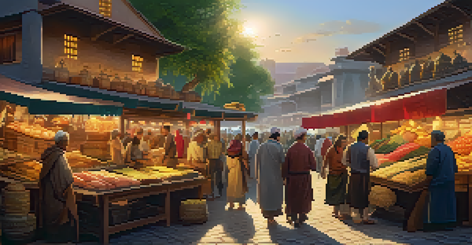A colorful marketplace scene with diverse people trading goods under a warm sunset, highlighting community and accessibility.