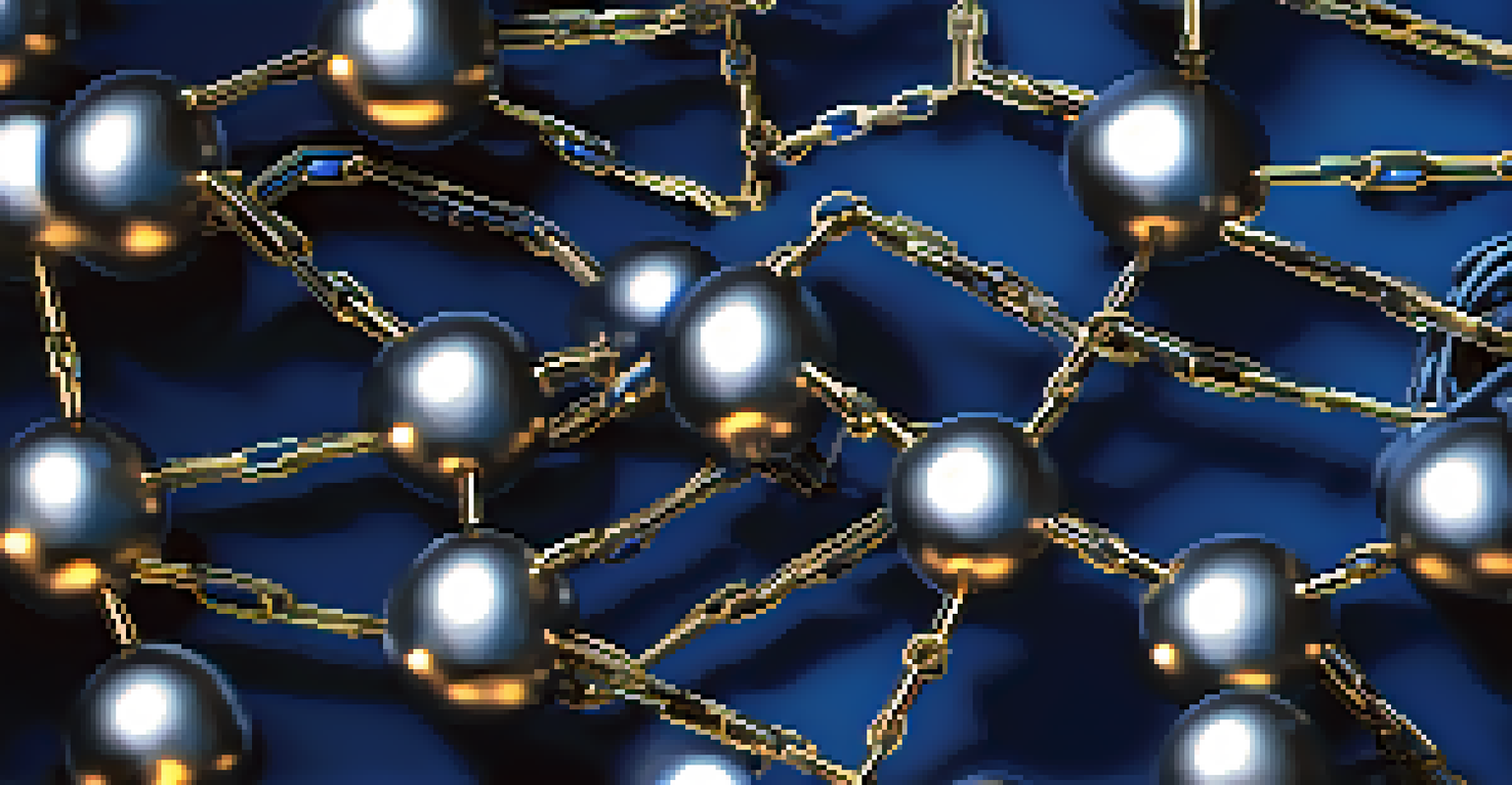 An abstract image depicting the blockchain concept with interconnected glowing digital nodes and chains on a deep blue background, representing security and connectivity.