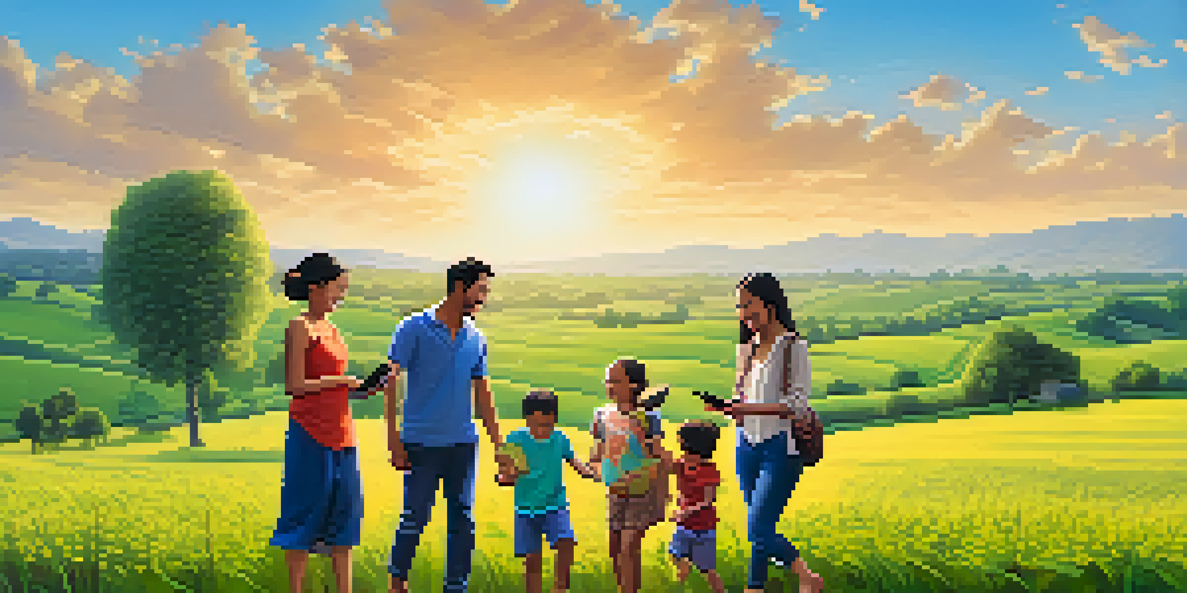 A family in a rural setting joyfully receiving a Bitcoin remittance on a smartphone, surrounded by green fields and a blue sky.