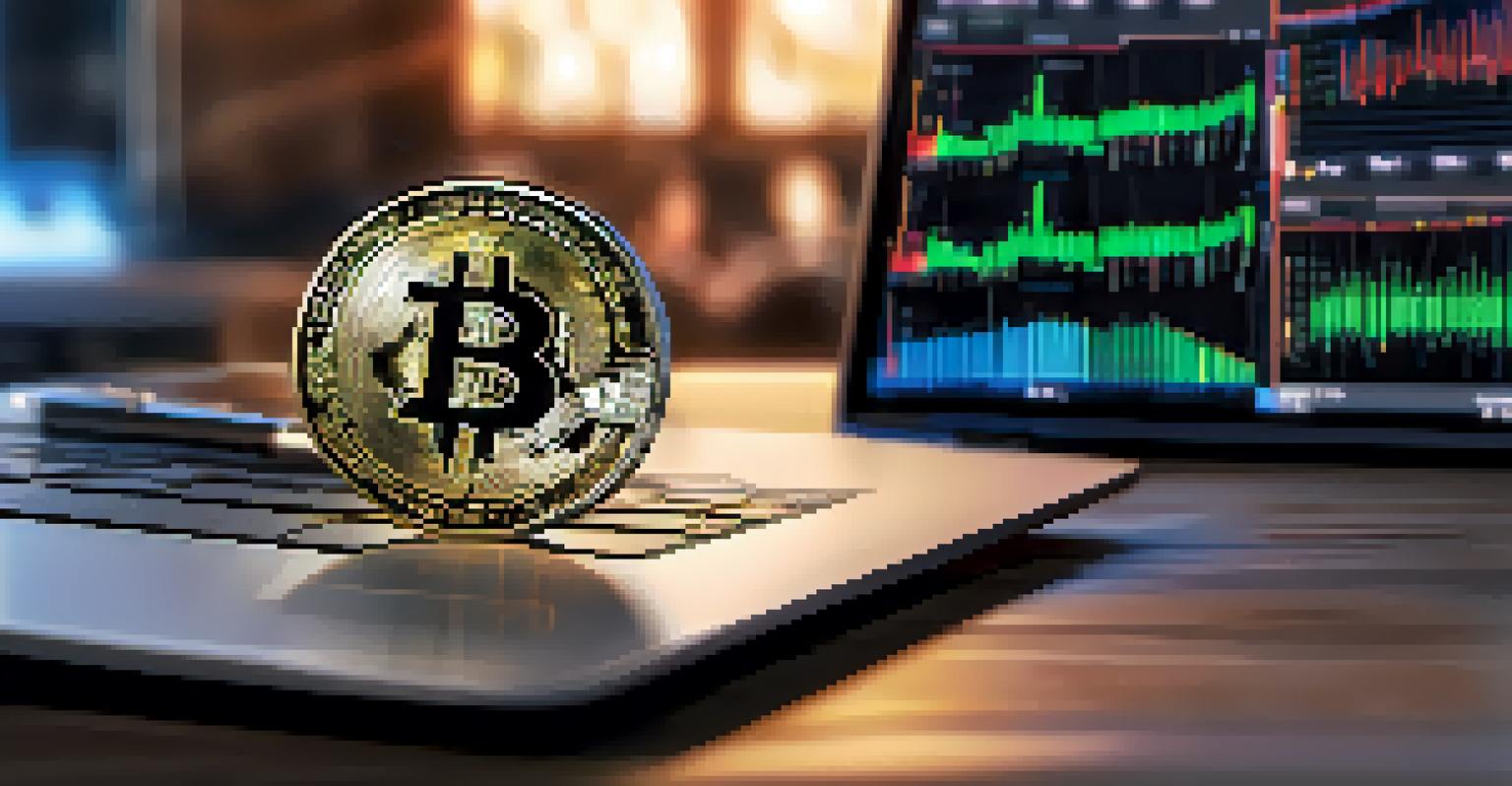 A close-up of a Bitcoin coin on a desk next to a laptop showing a decentralized finance platform interface.