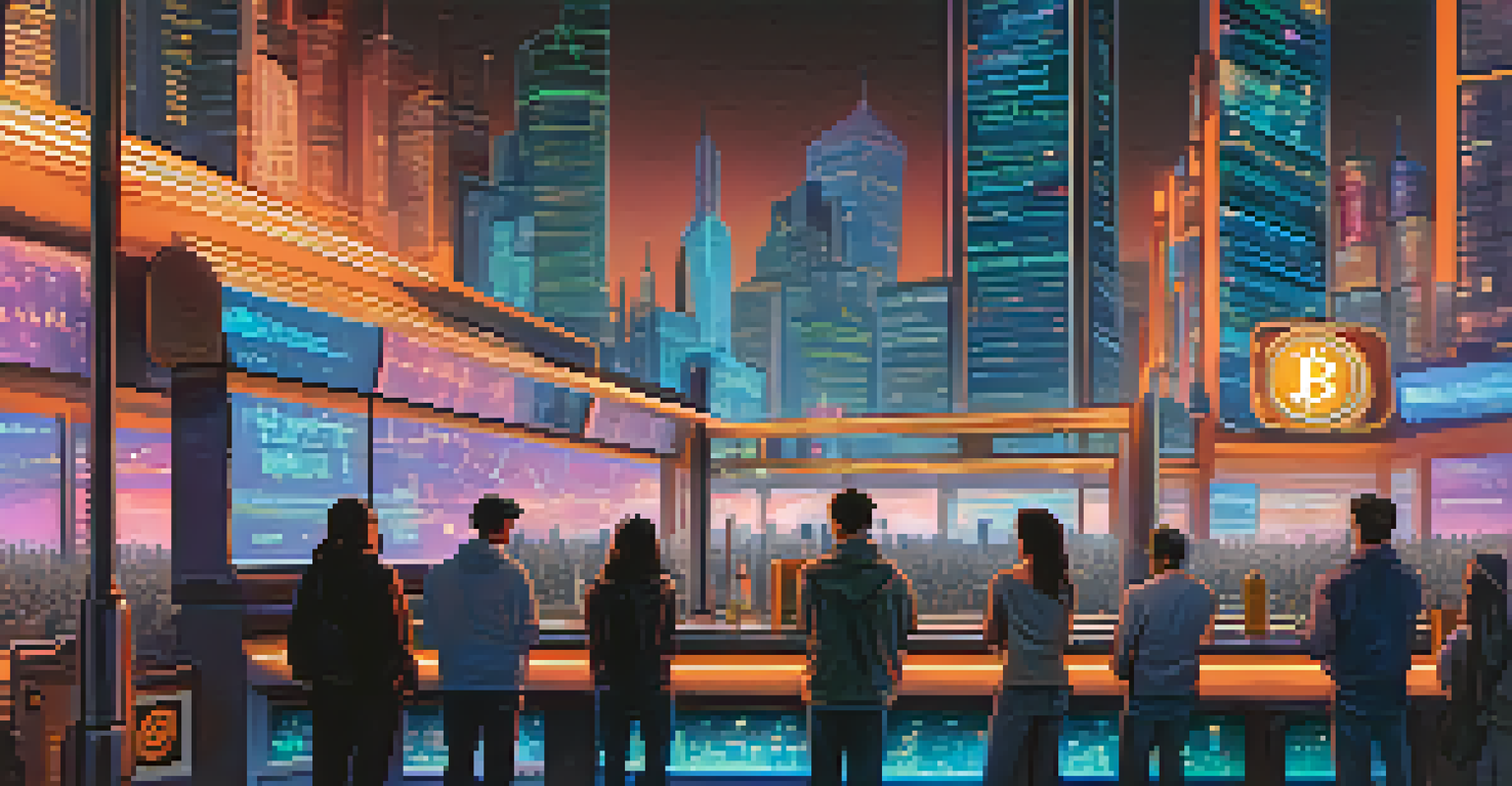 A futuristic city at dusk with digital screens showing Bitcoin prices and people using mobile devices.