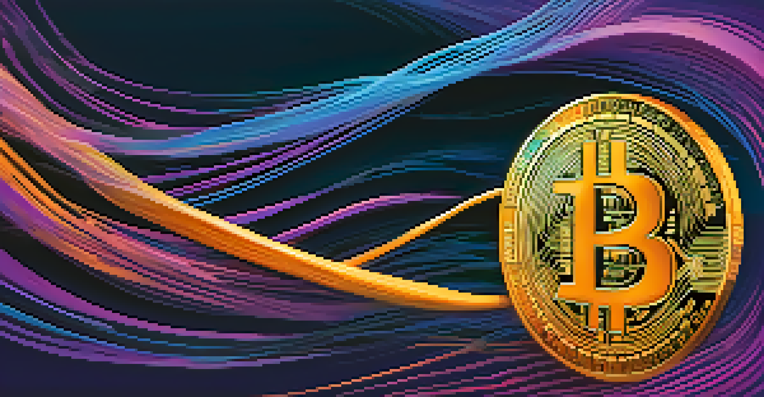 An abstract image showing the Bitcoin symbol intertwined with colorful digital brush strokes.