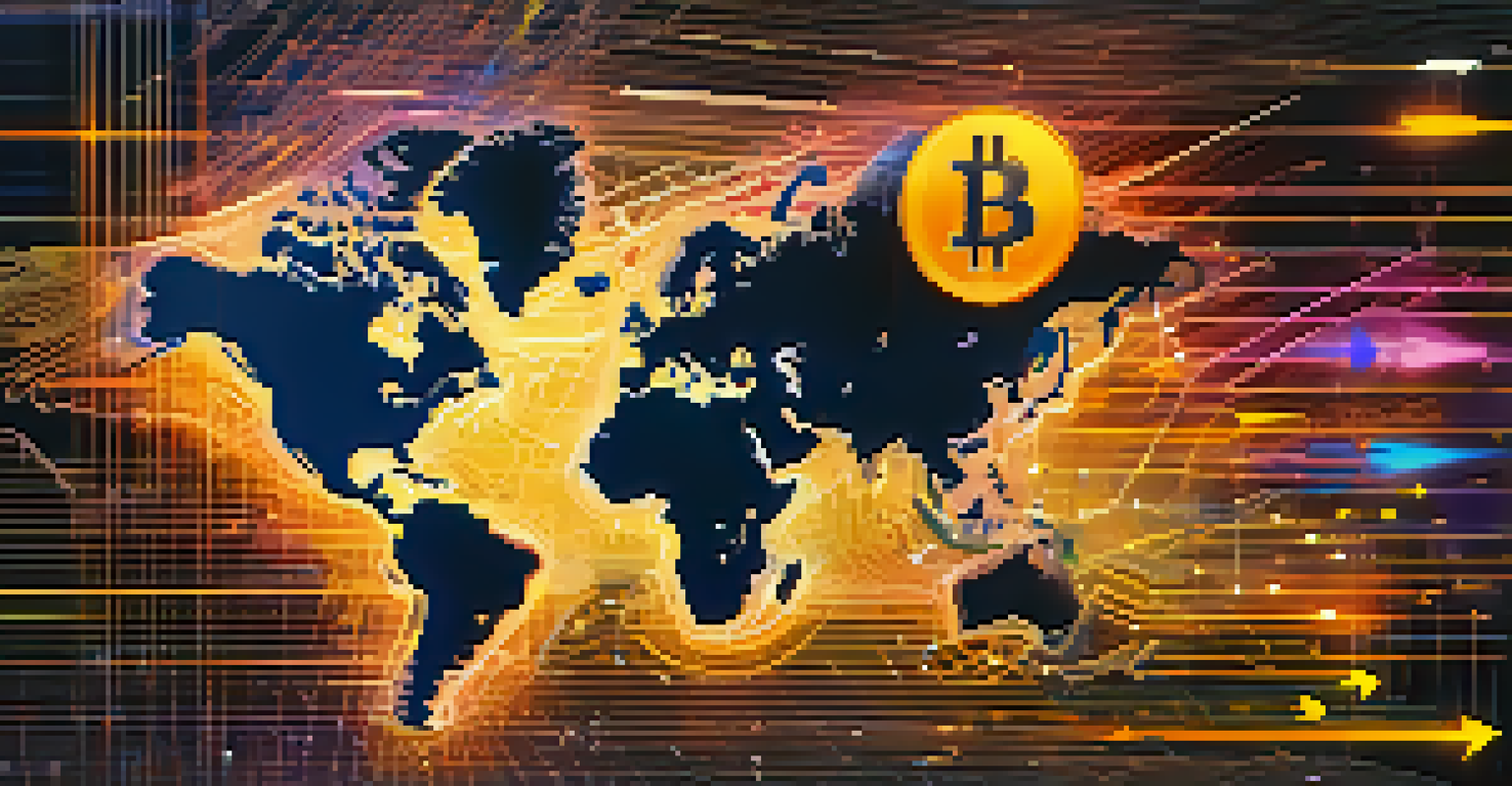 An abstract world map with Bitcoin symbols and arrows indicating global commerce, using dynamic colors to suggest movement.