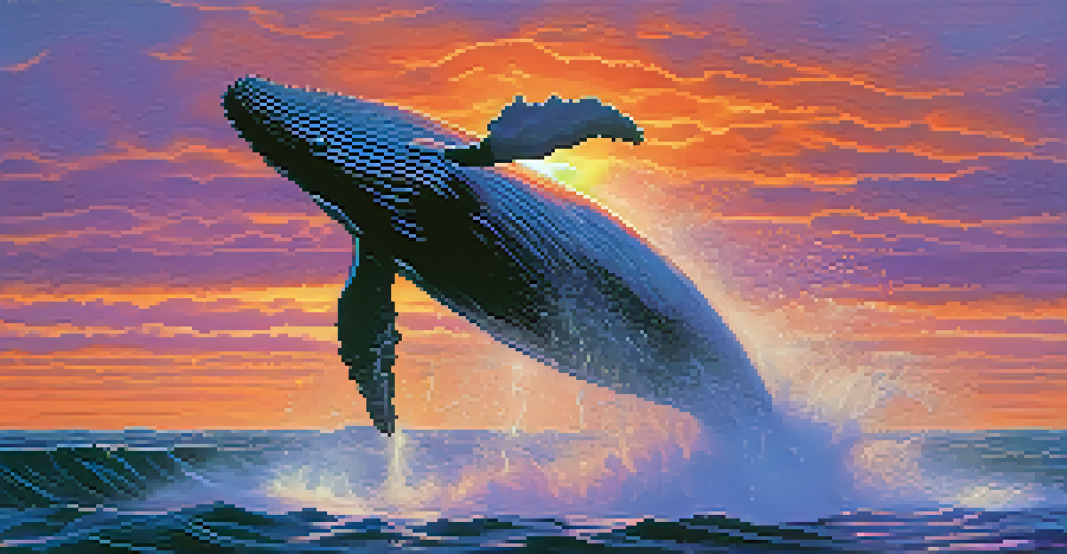 A sunset over the ocean with a whale breaching the water, creating a beautiful spray.