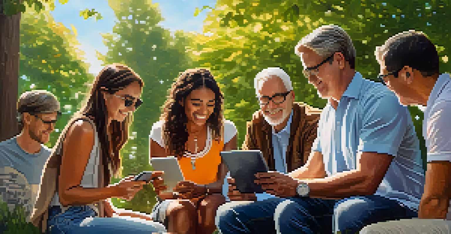 A diverse group of individuals enjoying the outdoors while engaging with their mobile devices, discussing Bitcoin in a vibrant and welcoming environment.