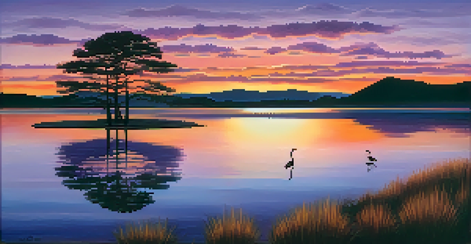 A tranquil scene of a sunset over a lake with a tree silhouette and hills in the background.