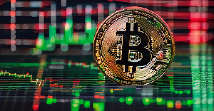 A Bitcoin coin on a stock market chart with green and red candlestick patterns, and a blurred background featuring binary code.