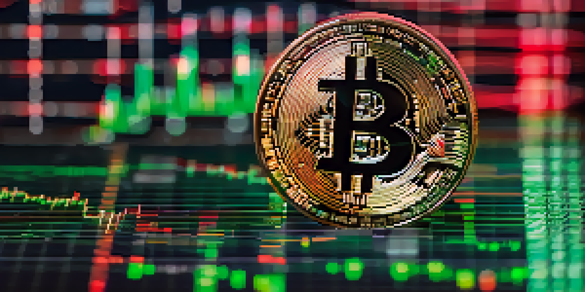 A Bitcoin coin on a stock market chart with green and red candlestick patterns, and a blurred background featuring binary code.