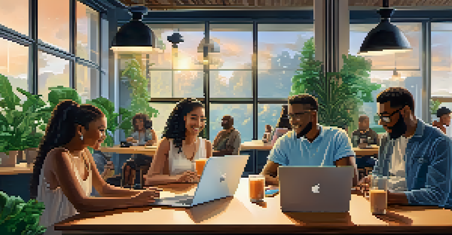 A diverse group of people in a modern café discussing Bitcoin with laptops and smartphones.