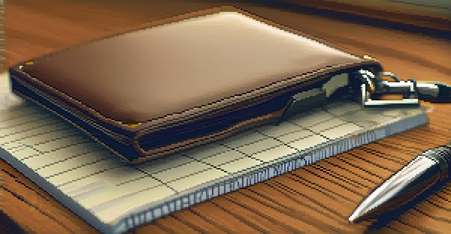 A close-up view of a hardware wallet on a desk, with a notepad and pen nearby.