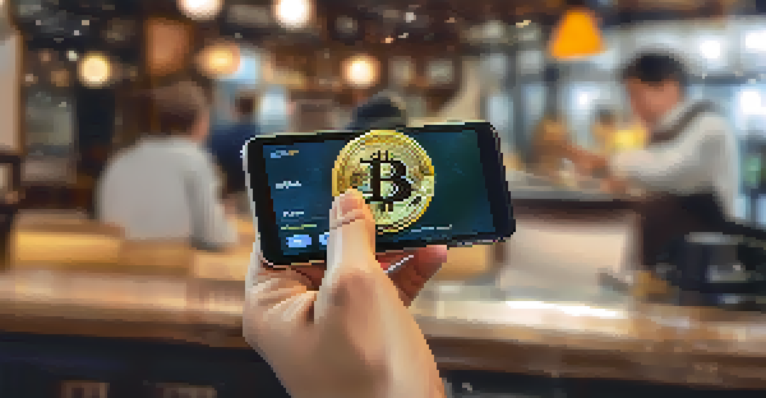 A hand holding a smartphone showing a Bitcoin wallet app in a coffee shop setting.